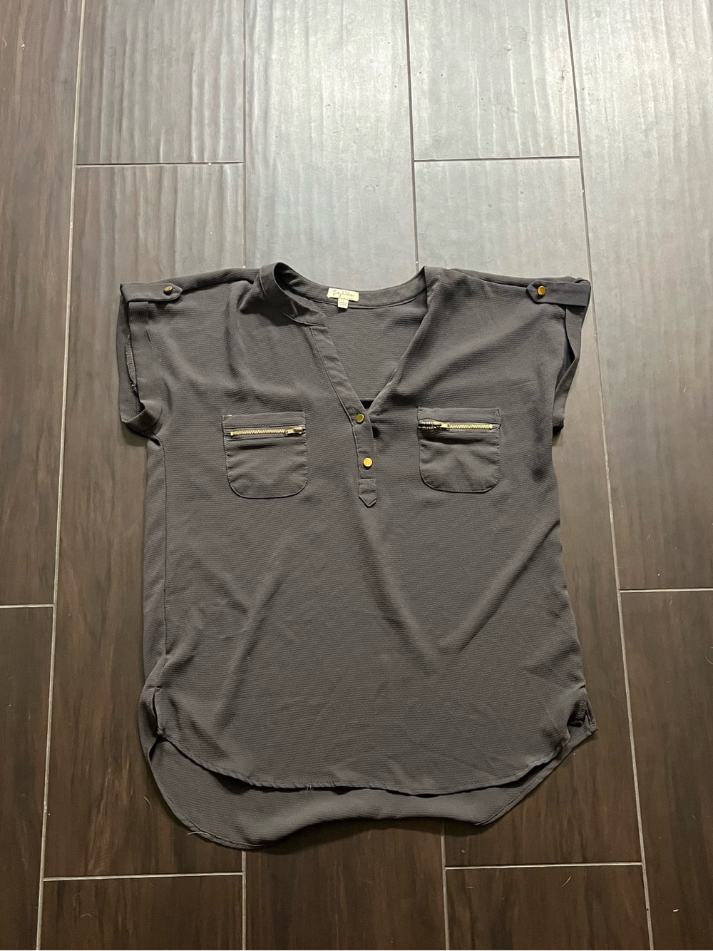 Liky White Split-Neck Pocket Blouse in Charcoal